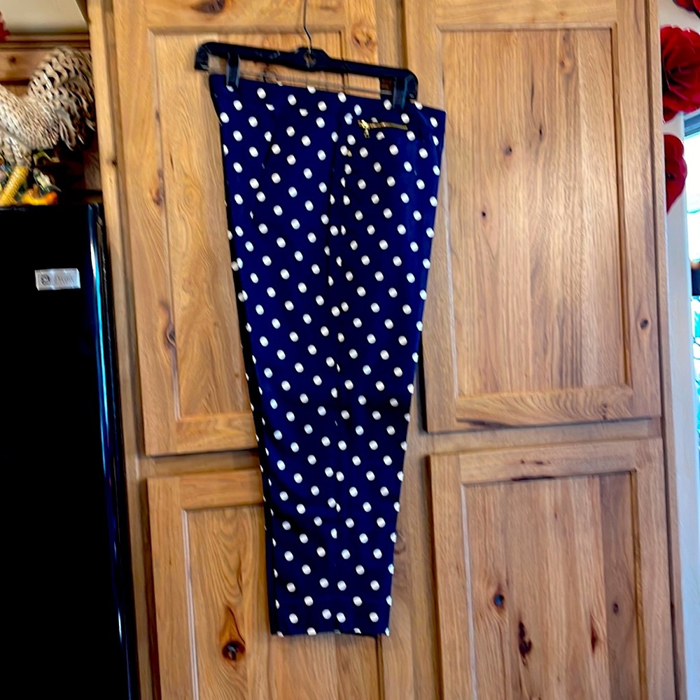 Navy and white polka dot capri pants.